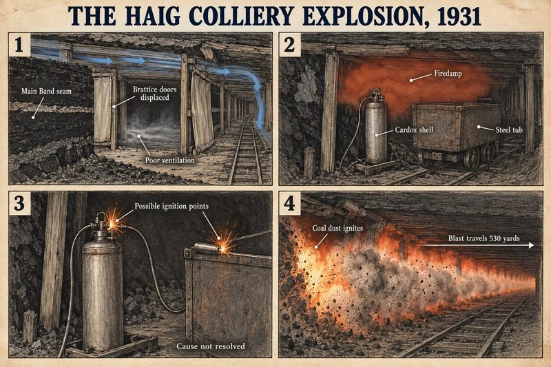 Four panels: displaced brattice doors and poor ventilation, firedamp near a Cardox shell, two possible ignition points, and coal dust carrying the blast 530 yards.