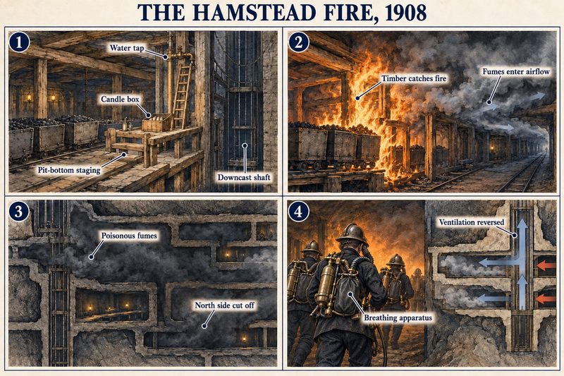 Four panels: a candle box and water tap at the pit-bottom staging, timber catching fire, poisonous fumes cutting off the north side, and rescuers in breathing apparatus with the ventilation reversed.