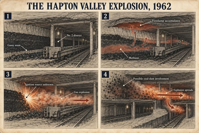 Four panels: a gassy seam in No. 2 district, methane accumulating at the roof, the gas exploding from an unknown source, and the explosion spreading through coal dust.