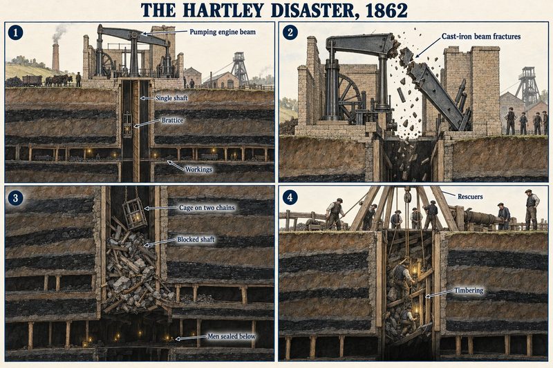 Four panels: the pumping engine over New Hartley's single shaft, its cast-iron beam breaking, the cage on two chains above a shaft blocked with debris, and rescuers timbering down through it.