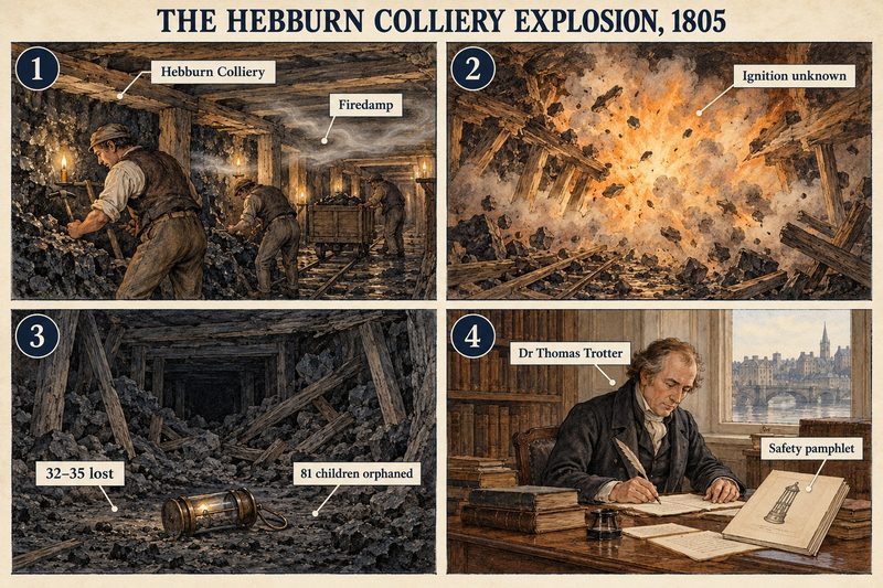 Four panels: men working by candlelight under firedamp, the explosion, the wrecked workings where 32 to 35 died, and Dr Thomas Trotter writing his pamphlet.