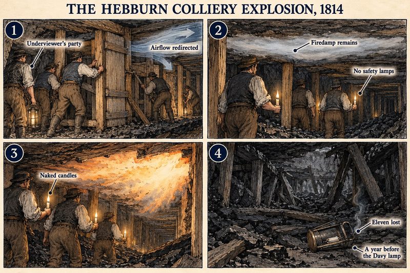Four panels: the underviewer's party turning the air current, firedamp lingering as they go on with candles, the gas firing at the naked flames, and a lantern in the wreckage.