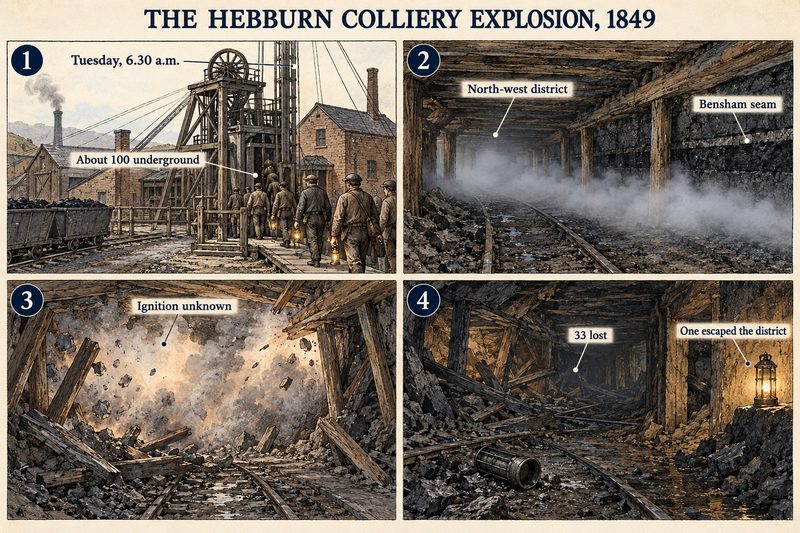 Four panels: about a hundred men going down at 6.30 on a Tuesday morning, gas in the north-west district of the Bensham seam, the explosion, and the wrecked district where 33 died.