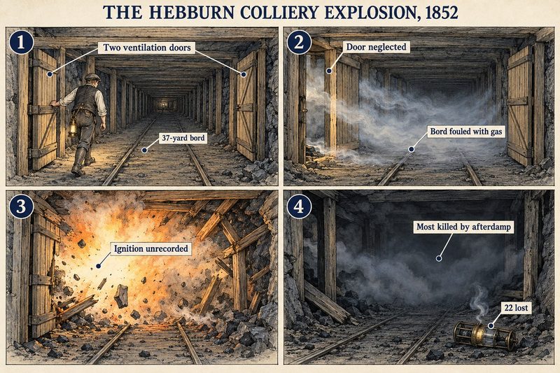 Four panels: a man passing two ventilation doors in a 37-yard bord, a neglected door letting gas foul the bord, the explosion, and afterdamp that killed most of the 22.