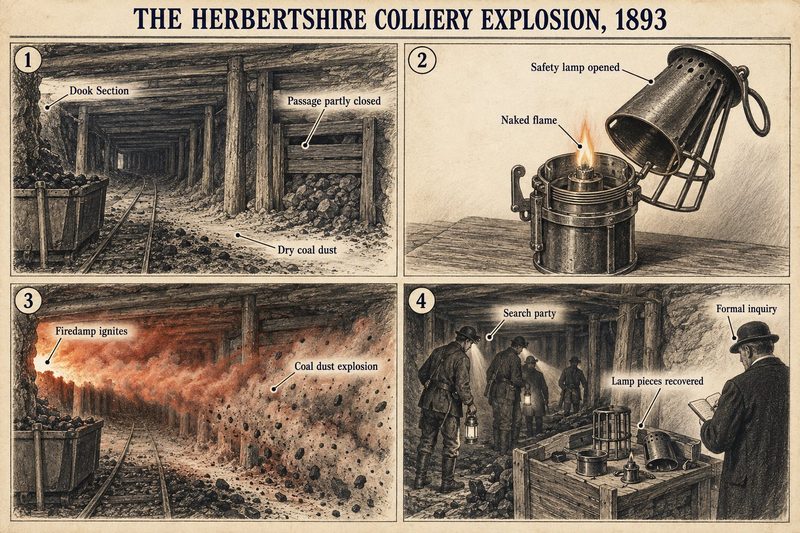 Four panels: dry coal dust in the Dook Section, a safety lamp opened to a naked flame, a coal dust explosion, and a search party recovering the lamp for the inquiry.