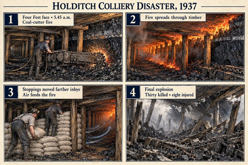 Four panels: sparks from a coal-cutter on the Four Feet face, fire running through the face timber, men building sandbag stoppings, and the face wrecked by the final explosion.