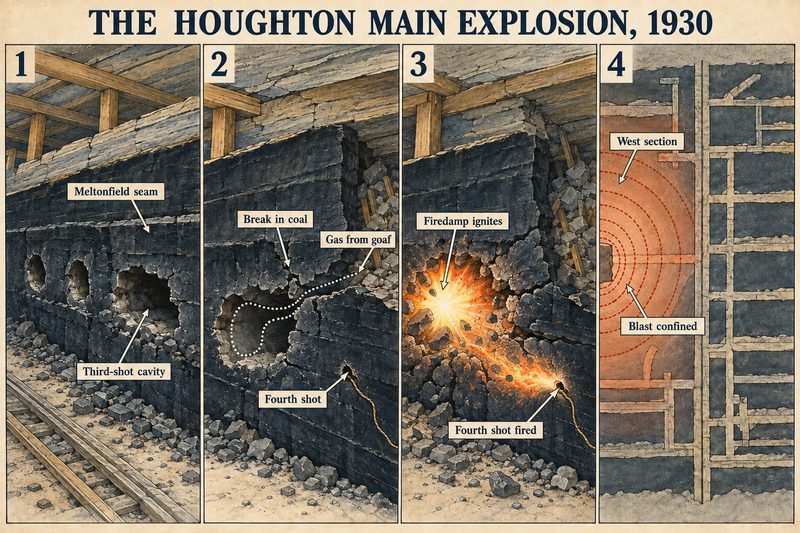 Four panels: shot holes in the Meltonfield seam, a break in the coal and gas from the goaf, the fourth shot igniting firedamp, and a plan of the blast confined to the west section.