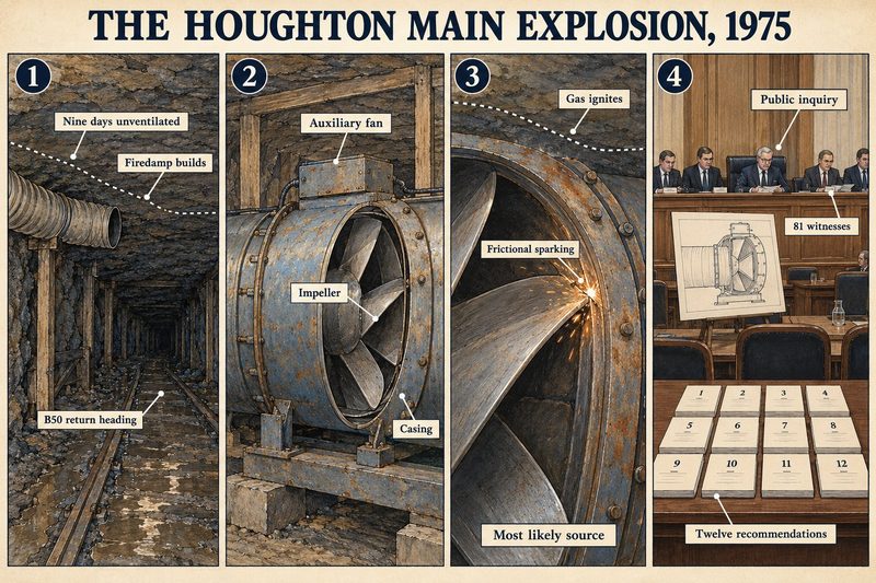 Four panels: an unventilated heading with firedamp building, an auxiliary fan, frictional sparking as the likely ignition source, and the public inquiry with twelve recommendations.