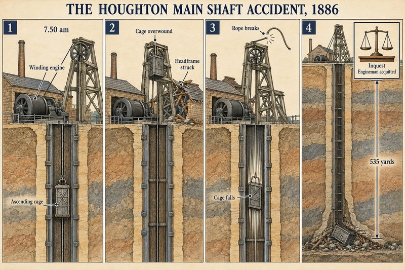 Four panels: the ascending cage at 7.50 am, the overwound cage striking the headframe, the rope breaking and the cage falling, and the 535-yard shaft with the engineman acquitted.