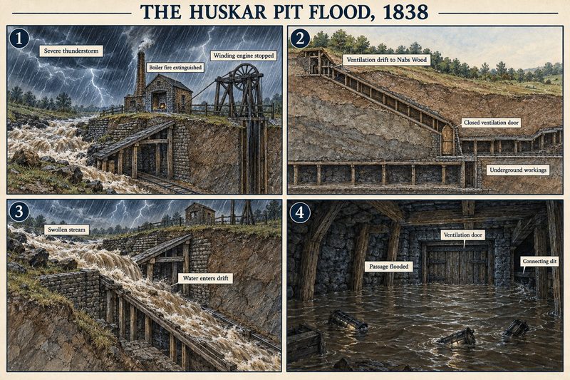 Four panels: a thunderstorm dousing the boiler and stopping the winding engine, the ventilation drift to Nabs Wood, the swollen stream entering it, and the flooded passage at the closed door.