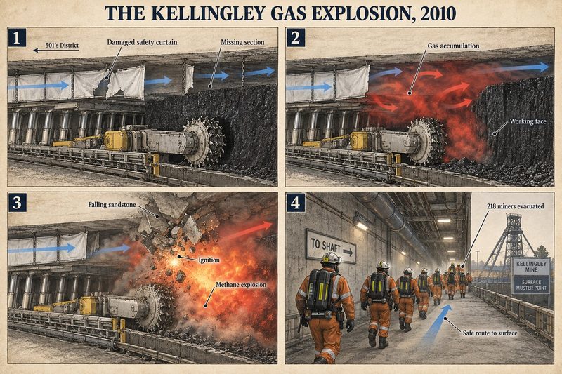 Four panels: a damaged safety curtain, gas accumulating at the working face, falling sandstone igniting a methane explosion, and 218 miners evacuating towards the shaft.