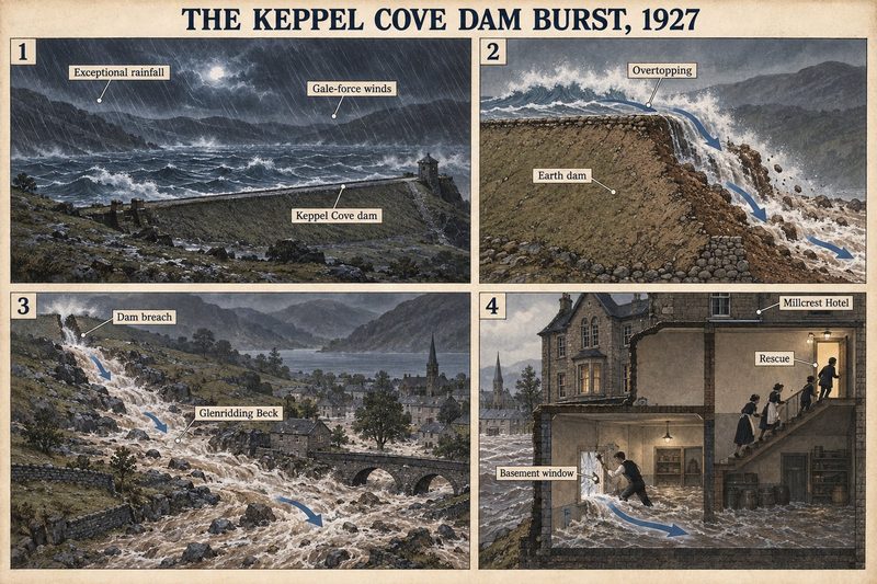 Four panels: rain and gale-force winds on the reservoir, the earth dam overtopped, the breach sending water down Glenridding Beck, and a rescue from a flooded hotel basement.