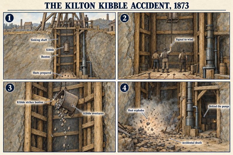 Four panels: the sinking shaft with kibble and buntons, men signalling to be wound, the kibble striking a bunton and overturning, and the shot exploding.
