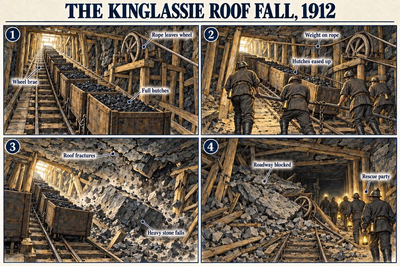 Four panels: a haulage rope off its wheel above full hutches on the wheel brae, men easing the hutches up, a heavy stone falling from the roof, and a rescue party at the blocked roadway.