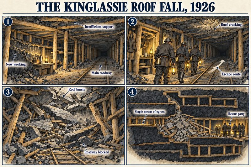 Four panels: a new working off a poorly supported main roadway, men running as the roof cracks, the roof bursting over the roadway, and a section showing the single way out.
