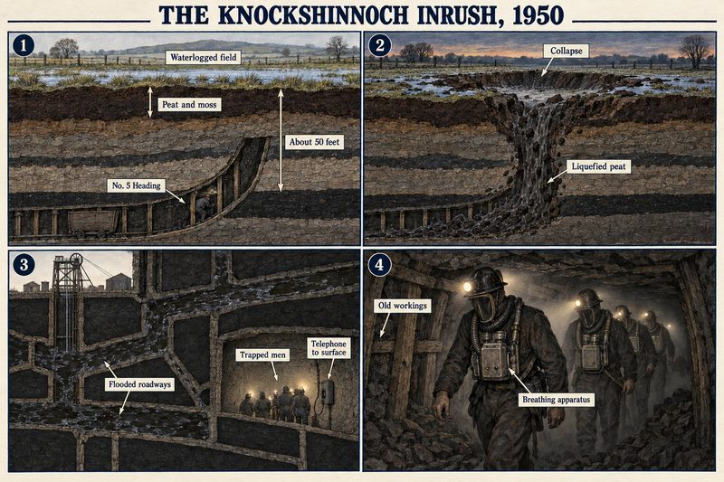 Four panels: No. 5 Heading rising to about 50 feet below a waterlogged field, the field collapsing as liquefied peat pours in, trapped men by a telephone, and rescuers in breathing apparatus.