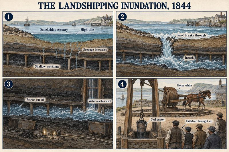 Four panels: a high tide over shallow workings with seepage increasing, the roof breaking through, retreat cut off as water reaches the shaft, and eighteen raised in coal buckets by the horse whim.