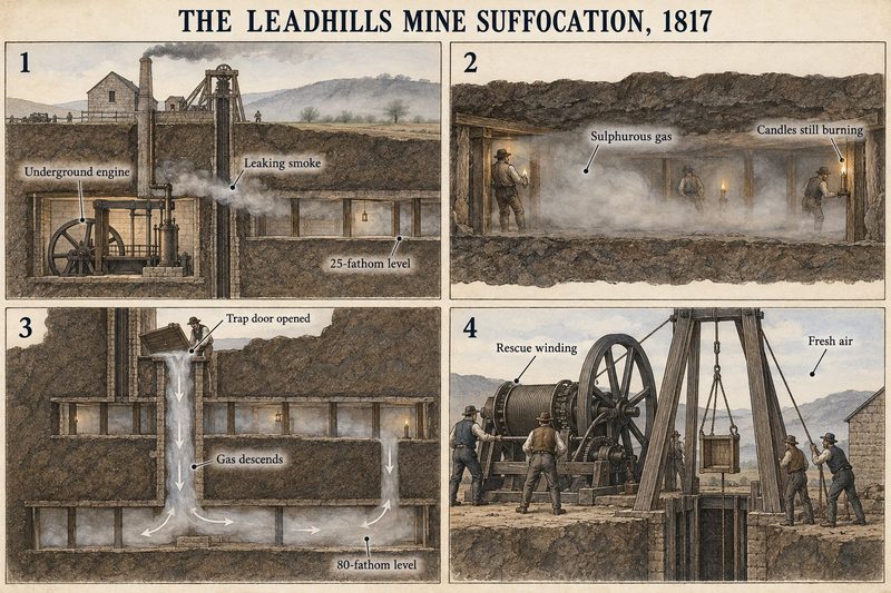 Four panels: an underground engine leaking smoke, sulphurous gas filling the level while candles still burn, a trap door letting the gas descend, and the rescue winding.