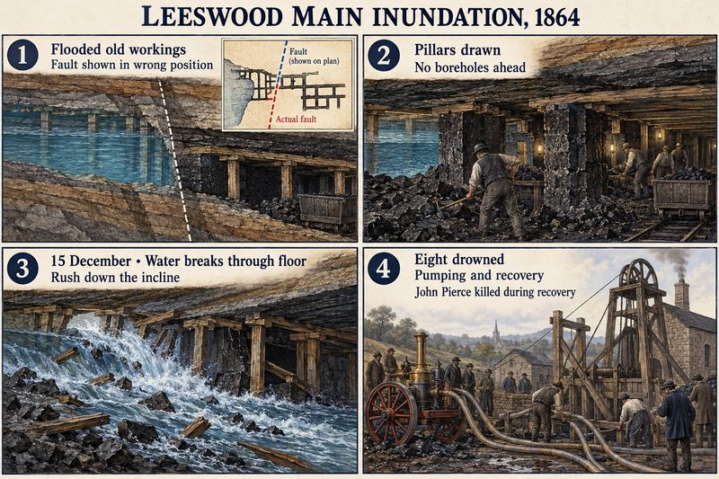 Four panels: flooded old workings by a fault misplaced on the plan, men drawing pillars, water bursting through the floor, and fire engines pumping at the pit head.