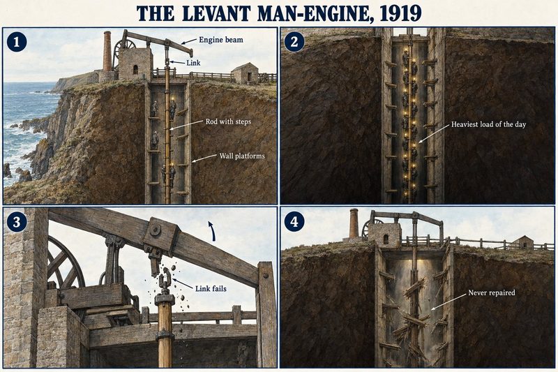 Four panels: the man-engine's beam, link and stepped rod in the cliff-top shaft, the rod crowded with miners at shift change, the link failing, and the wrecked shaft never repaired.