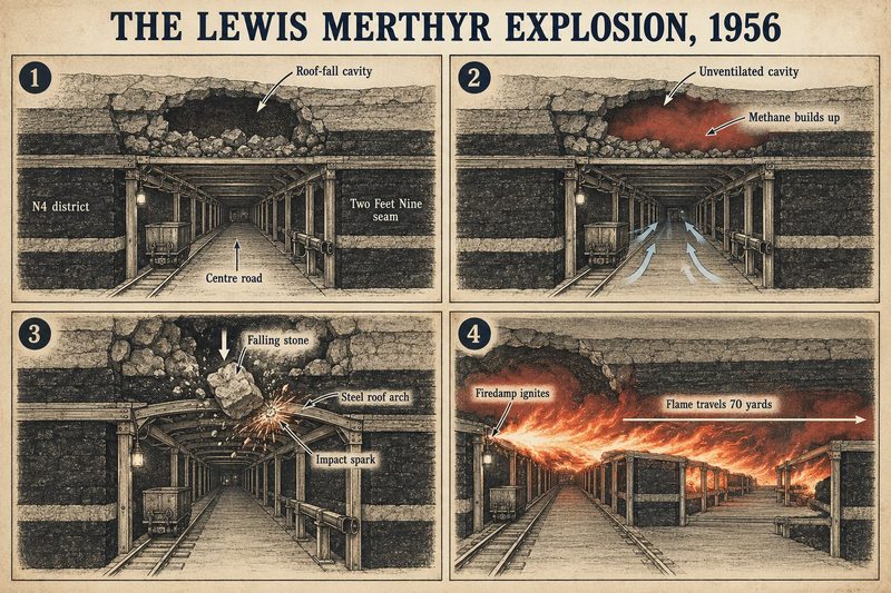 Four panels: a roof-fall cavity above the centre road, methane building in it, falling stone sparking on a steel arch, and firedamp igniting with flame travelling seventy yards.