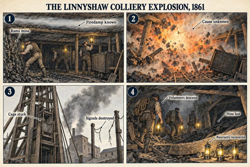 Four panels: colliers in the Rams mine, an explosion of unknown cause, smoke over the headframe with the cage stuck and signal wires broken, and volunteers going down through the debris.