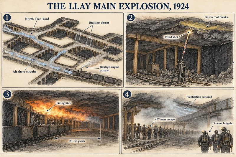 Four panels: air short-circuiting where brattices were absent, a shot fired into roof gas, the gas burning over twenty to thirty yards, and 407 men escaping as the brigade goes in.