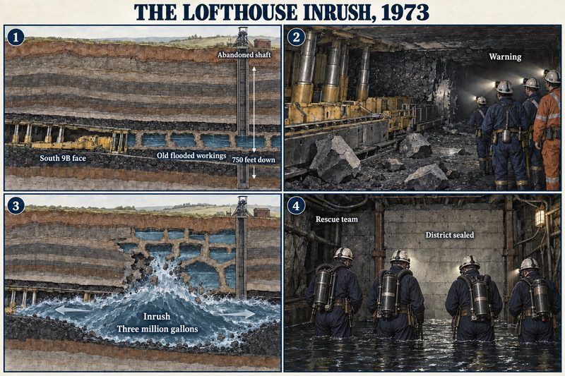 Four panels: the South 9B face nearing old flooded workings by an abandoned shaft, large stones falling as a warning, the inrush of water along the face, and a rescue team at the sealed district.