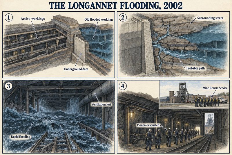 Four panels: an underground dam holding back old flooded workings, water finding a path through the strata, rapid flooding taking the ventilation, and fifteen men evacuated.