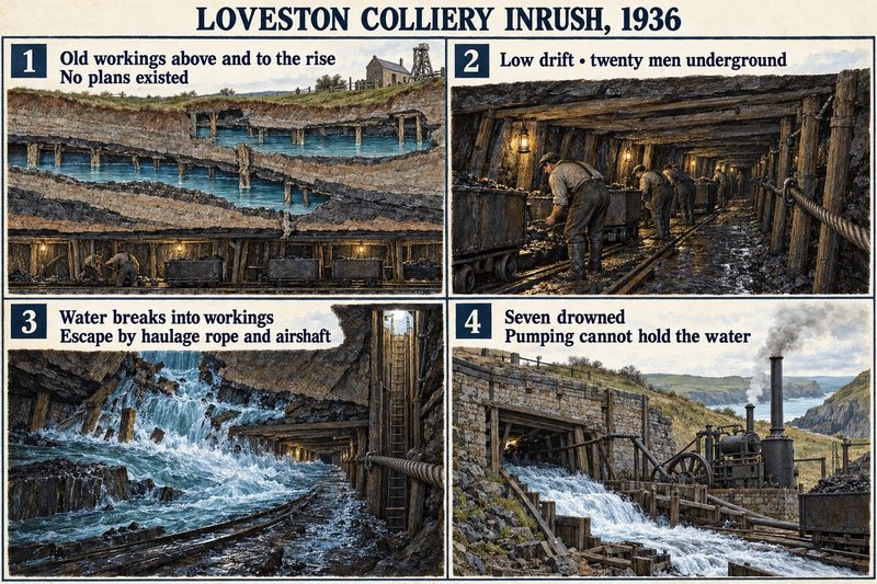 Four panels: flooded old workings above the drift, men at work in the low drift, water bursting in beside the rope and airshaft, and pumping at the slant mouth.