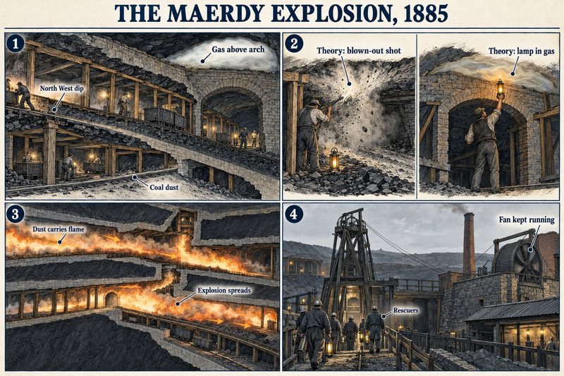 Four panels: gas above an arch and coal dust in the North West dip, the two theories of ignition, dust carrying flame through the workings, and rescuers at a pit whose fan kept running.