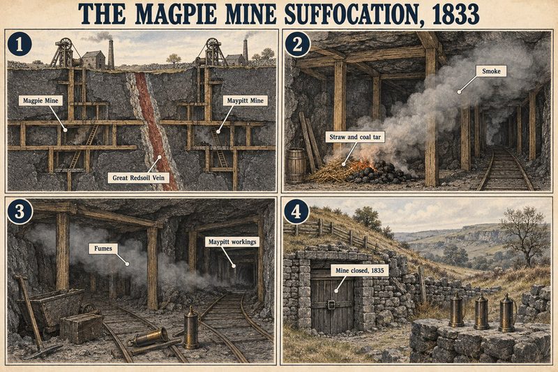 Four panels: Magpie and Maypitt mines either side of the Great Redsoil vein, straw and coal tar burning underground, fumes filling the Maypitt workings, and the mine closed in 1835.