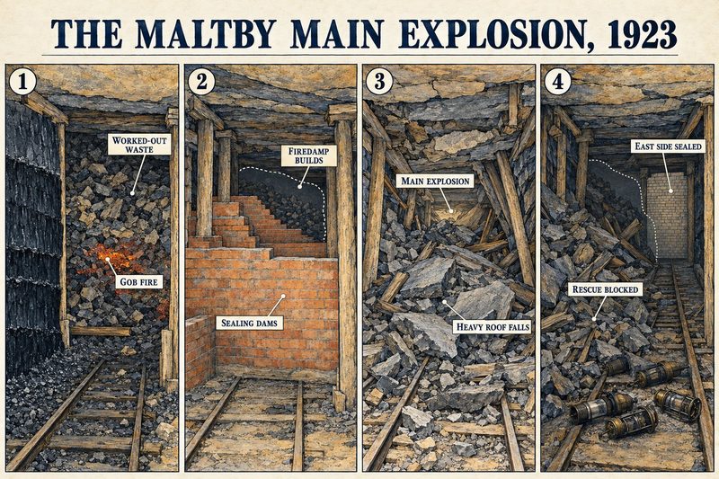 Four panels: a gob fire in worked-out waste, sealing dams as firedamp builds, the main explosion and heavy roof falls, and the rescue blocked with the east side sealed.