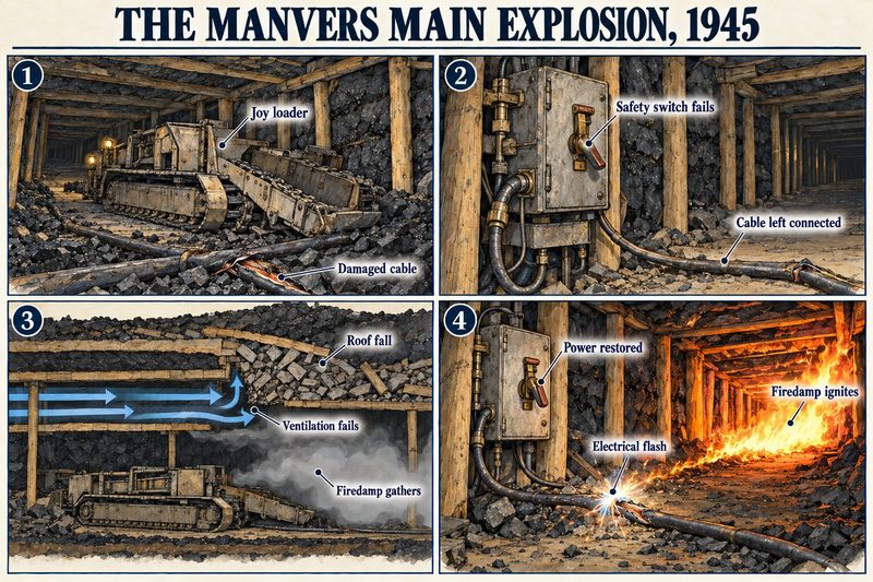 Four panels: a Joy loader with a damaged trailing cable, the cable left connected at a switch box, firedamp gathering behind a roof fall, and an electrical flash igniting it when power is restored.