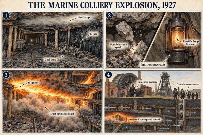 Four panels: firedamp and coal dust at C face, an uncertain ignition by a stone spark or lamp filament, dust amplifying the blast, and a slowed fan limiting the flame as Crumlin rescue teams descend.