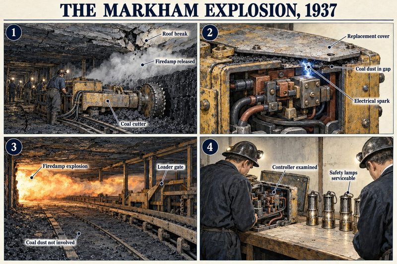 Four panels: a coal cutter and released firedamp, a spark at a controller with a replacement cover and dust in the gap, a firedamp explosion without coal dust, and the controller and lamps examined.