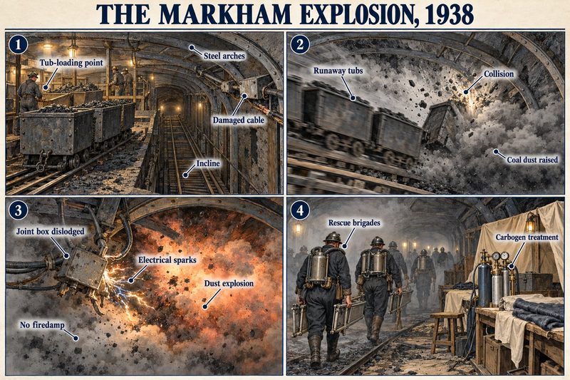 Four panels: a damaged cable on an incline, runaway tubs colliding and raising dust, a dislodged joint box sparking a dust explosion without firedamp, and rescue with carbogen treatment.