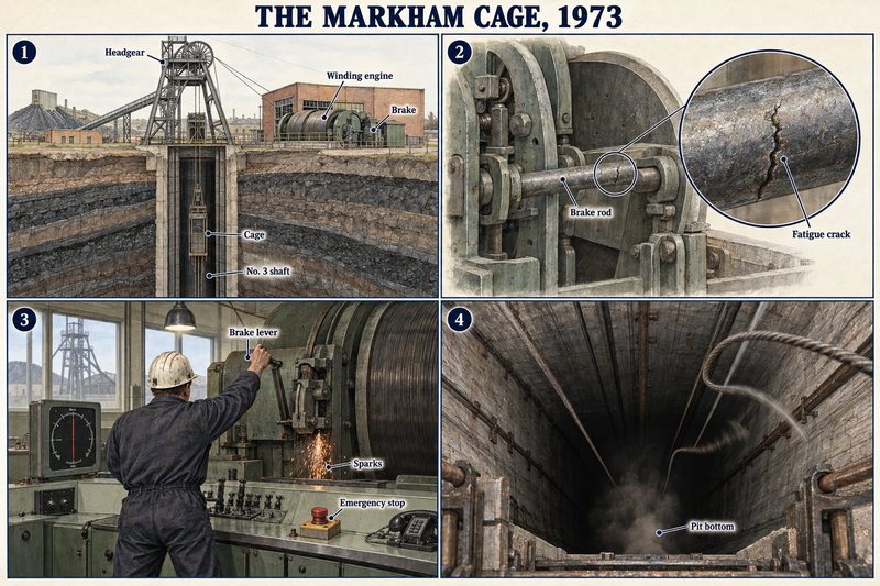 Four panels: the No. 3 shaft headgear, cage and winding engine, a fatigue crack in the brake rod, the winder pulling the brake lever as sparks fly, and the shaft down to the pit bottom.