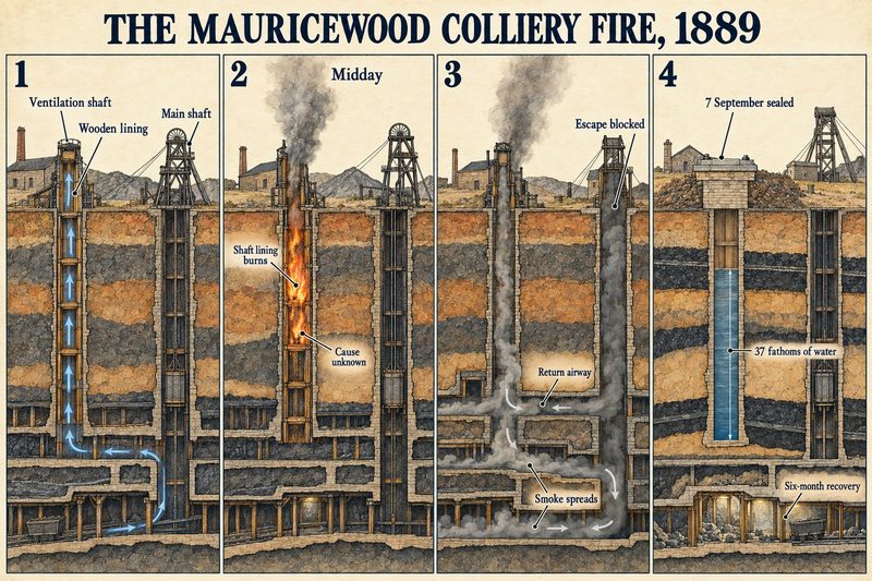 Four panels: air rising through the wooden-lined ventilation shaft, the lining burning at midday, smoke filling the workings and blocking escape, and the shaft sealed on 7 September.