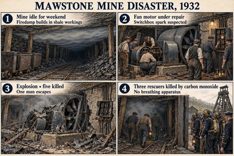 Four panels: the idle workings filling with firedamp, men repairing the fan by its switchbox, the wrecked fan after the explosion, and rescuers going in.
