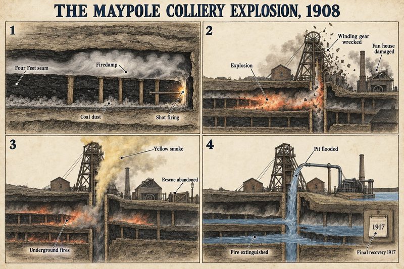Four panels: shot firing into firedamp and coal dust, the explosion wrecking the winding gear, yellow smoke from underground fires, and the pit flooded to put them out.