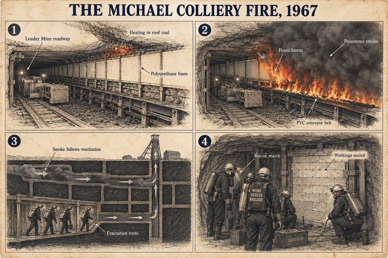 Four panels: heating in the roof coal above polyurethane foam, foam and a PVC belt burning, smoke following the ventilation across the escape route, and rescuers before sealing.