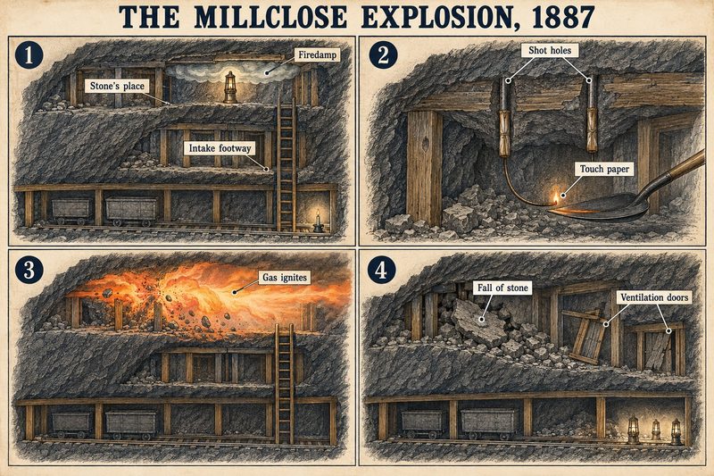 Four panels: firedamp in Stone's place above the intake footway, shot holes with fuses lit from touch paper on a shovel, the gas igniting, and the fall of stone with the ventilation doors blown out.