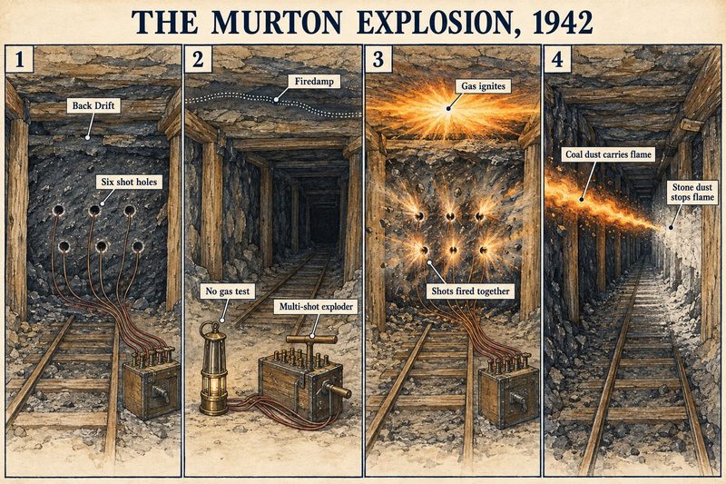 Four panels: six shot holes in the Back Drift, firedamp with no gas test and a multi-shot exploder, the shots fired together, and coal dust carrying flame until stone dust stopped it.