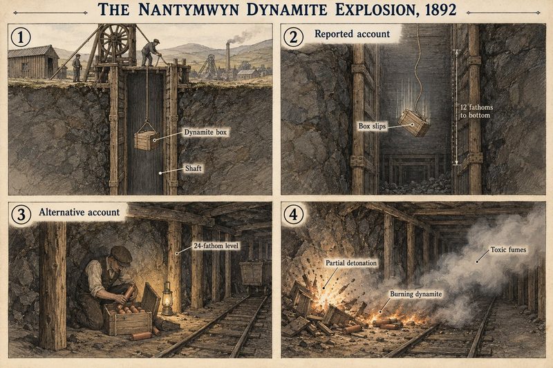 Four panels showing two accounts: a dynamite box lowered down the shaft, the box slipping to the bottom, a man handling it at the 24-fathom level, and the partial detonation.