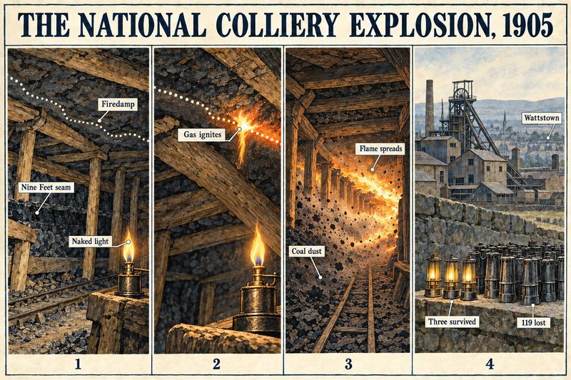 Four panels: firedamp gathering in the Nine Feet seam by a naked light, the gas igniting, flame and coal dust spreading, and lamps for 119 lost and three survivors below Wattstown.