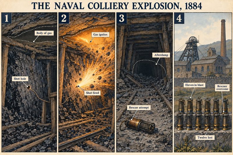 Four panels: a body of gas above a shot hole, the shot igniting the gas, afterdamp and a rescue attempt, and twelve lamps for the eleven killed and the overcome rescuer.