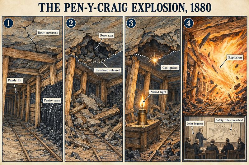 Four panels: a roof fracture in the Pentre seam at Pandy Pit, a roof fall releasing firedamp, gas reaching a naked light, and the explosion with a joint inquest.