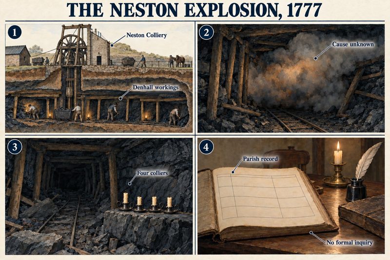 Four panels: Neston Colliery and the Denhall workings, an explosion of unknown cause, four colliers, and a blank parish record with no formal inquiry.
