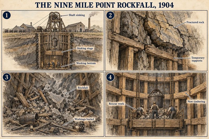 Four panels: men on a sinking stage above the working bottom, fractured rock behind temporary supports, the rockfall burying the workings, and rescue work under new timbering.